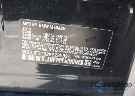 2019 BMW M5 z USA, uszkodzony, nr VIN WBSJF0C52KB285892